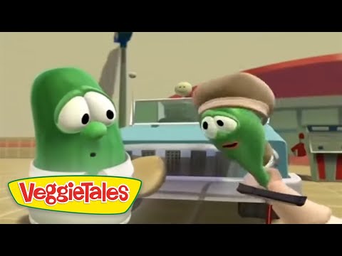Two VeggieTales characters in a kitchen, one in a brown hat, the other with a surprised expression near a kitchen appliance; VeggieTales logo visible in the corner.