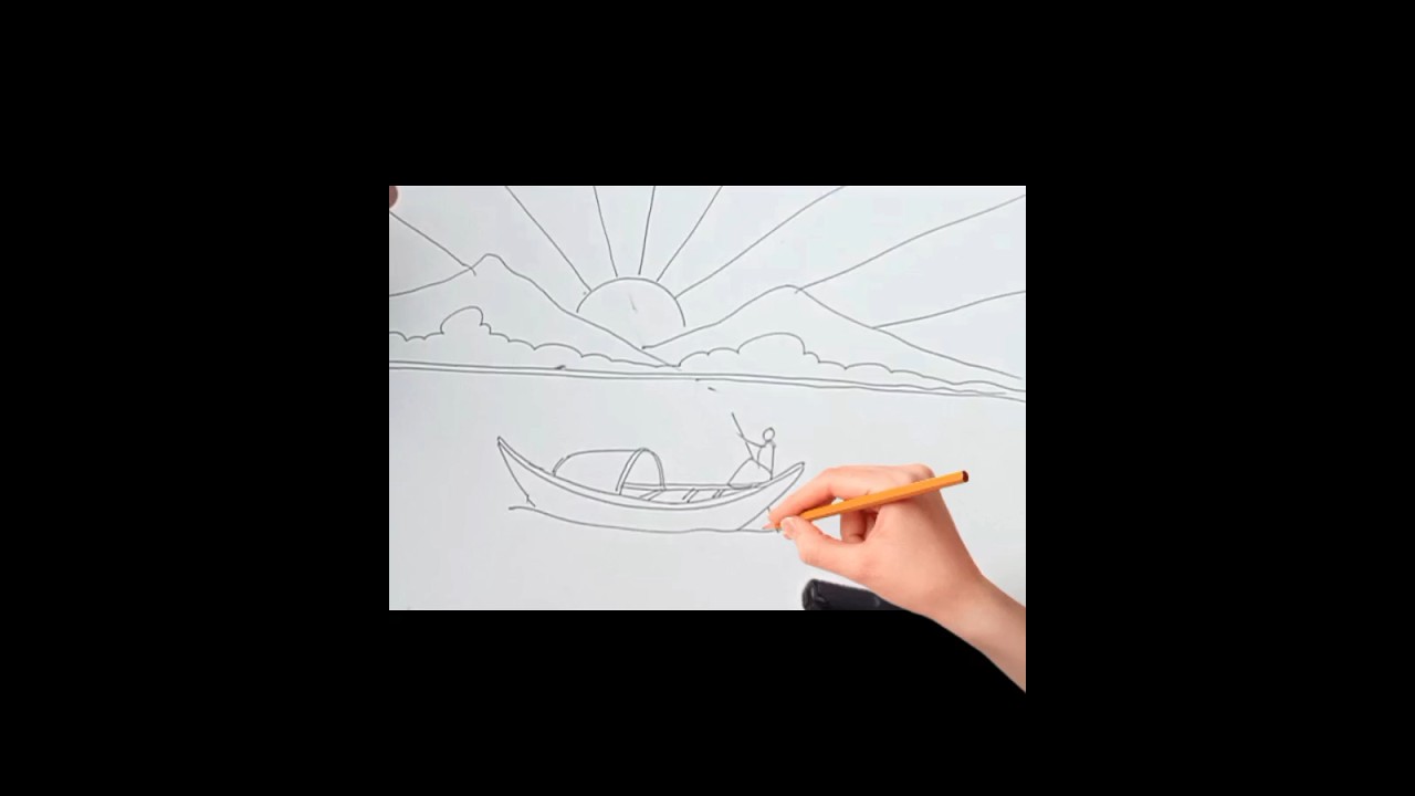 The boat is moving on the river and the sun is rising over the mountains⛰️🌄 #shorts #drawing