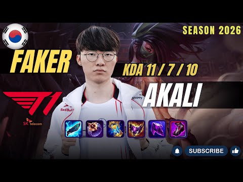 T1 Faker AKALI vs RENEKTON Mid - Patch 26.1 KR Ranked | lolrec
