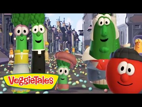 Scene from VeggieTales: animated vegetables marching in a parade on a city street, smiling faces, colorful confetti, logo visible.