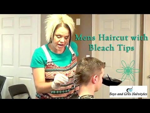 Woman demonstrating a men's haircut with bleach tips on a boy, emphasizing safe hair bleaching techniques for parents, with "Boys and Girls Hairstyles" branding visible.