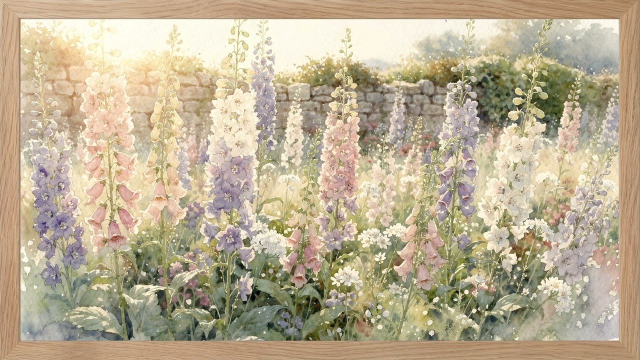 English Garden Watercolor Wood Frame | Soft Delphinium & Foxglove Flowers 🌿 4K Frame TV Art 2 Hours — 4K ambient art screensaver in baroque gold frame