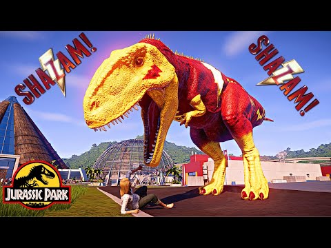 NEW Super Hero SHAZAM! and Batman Megalodon King Shark Dinosaurs hunting heroes in Jurassic World