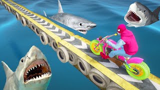 Spider-Man Over Drive Tire Bridge Shark Challenge GTA 5 تحدي الرجل العنكبوت مع القرش الكبير