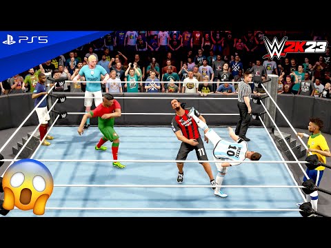 WWE 2K23 - Messi, Cristiano & Neymar vs. Haaland, Mbappe & Zlatan - Elimination Match | PS5™ [4K60]