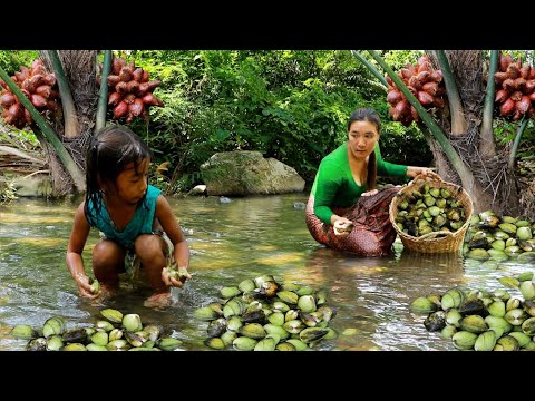 Mother with daughter pick shell and snake fruit near river- Cooking shell spicy eating delicious