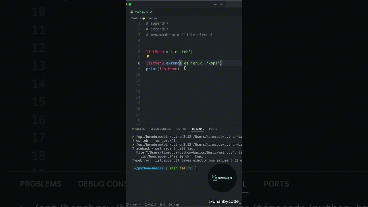 Belajar Python Dasar Untuk Pemula - extend() method Dalam List #python #programming #coding
