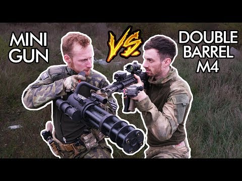 Airsoft Minigun vs. Double Barrel M4