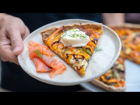 Vegetable, mozzarella and smoked salmon tart