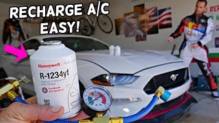 FORD MUSTANG HOW TO RECHARGE AC AIRCONDITIONER, AC BLOWS HOT FIX MUSTANG GT ECOBOOST 6G