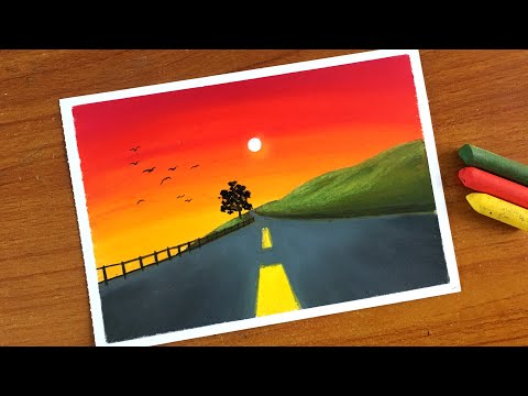 Easy Oil Pastel Sunset Road Landscape Painting for beginners | Oil Pastel Drawing