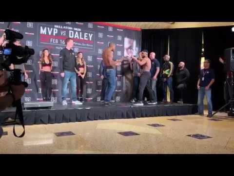Michael Page vs. Paul Daley staredown at Bellator 216 ceremonial weigh ins