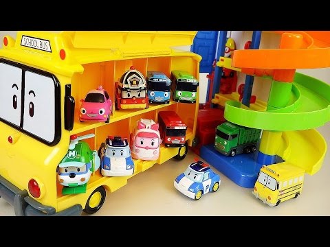 Robocar Poli car toys Parking Tower play and Tayo School bus