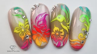 Cat eye nails with ombre nail art. Buterfly and florals ombre nail art