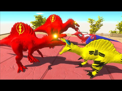 2X FLASH SPINO vs 2X BUMBLEBEE SPINO vs SPIDERMAN T-REX - Animal Revolt Battle Simulator