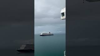 Queen Mary 2 passes Queen Anne at sea! Loud whistle blasts.