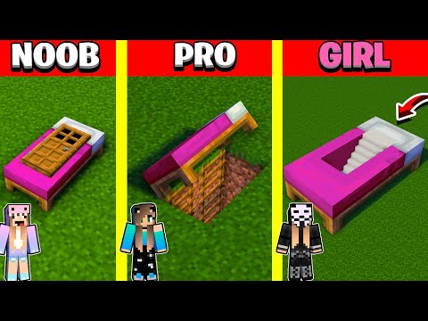 Minecraft Battle: SECRET BASE INSIDE BED HOUSE BUILD CHALLENGE - NOOB vs PRO vs GIRL / Animation