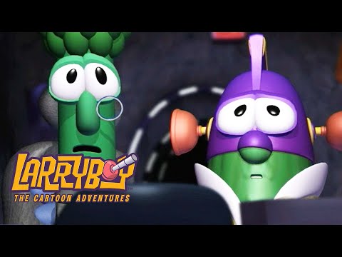 Two animated insects in a car, one green with glasses and the other purple, looking surprised; Larva cartoon logo in the corner.