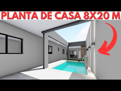 PLANTA DE CASA EM "L" 8X20 METROS COM 3 QUARTOS E PISCINA!