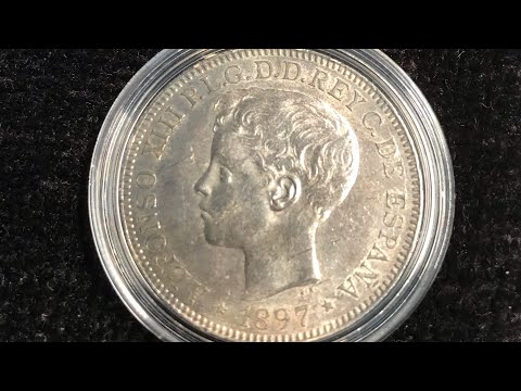 1897 Islas Filipinas Silver 1 Peso King Alfonso XIII of Spain - First & Last Year Of Issue