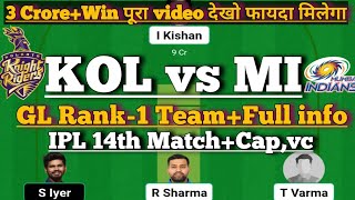 KOL vs MI 14th match fanatsy11 team of today match|kol vs mi  team of today match