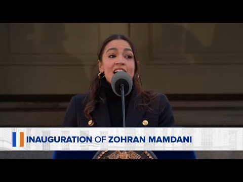 Alexandria Ocasio-Cortez delivers opening remarks at Mamdani's inauguration