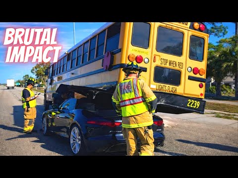 Jaguar F-Type Stuffed Under School Bus - Bad drivers & Driving fails #1492