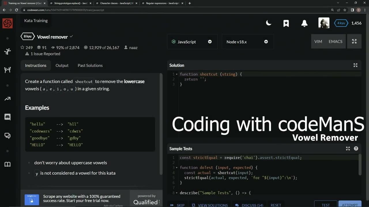 Codewars 8 kyu Vowel Remover Javascript