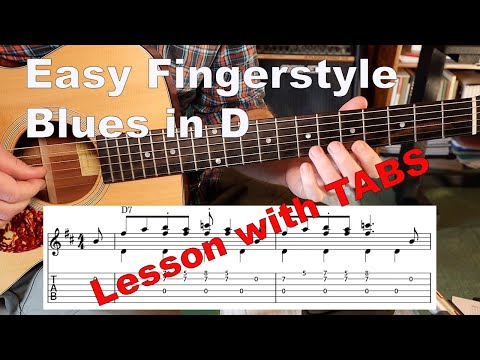Easy Fingerstyle Blues in D - Lesson for beginners with TABS (Learn to play the Blues)