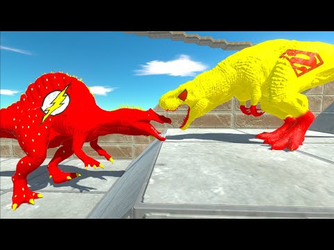 YELLOW SUPERMAN T-REX vs FLASH SPINOSAURUS DEATH FALL - Animal Revolt Battle Simulator