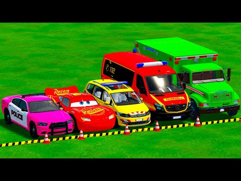 DACIA, MCQUEEN, VOLKSWAGEN POLICE CARS & MERCEDES AMBULANCE CAR TRANSPORTING WITH TRUCKS ! FS22