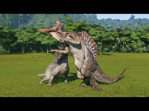 2 Torosaurus(Modified) VS T-rex, I-Rex, Spinosaurus, I-Raptor and Giganotosaurus - JWE