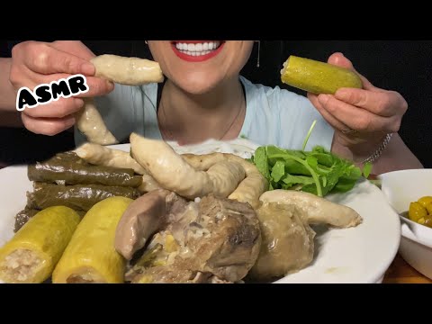 Asmr eating stuffed intestines | grape leaves | zucchini اكل محشي فوارغ وورق عنب وكوسا