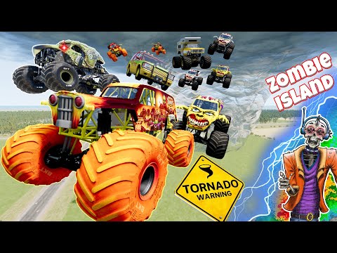 Rescuing Dinosaur Monster Trucks From GIANT Tornado! | Zombie Island Adventures #62 | BeamNG