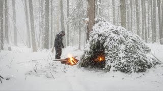Caught in a Blizzard! Solo Winter Bushcraft Shelter Survival in Deep Forest
