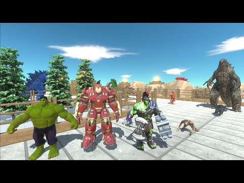 HULK BUSTER AND HULK AND GLADIATOR HULK VS GHIDORAH DEATH RUN  - Animal Revolt Battle Simulator
