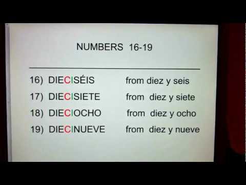 NUMBERS  16-19:  dieciséis, MISC. diecisiete, dieciocho, diecinueve...