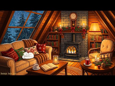 a stormy night in the 1930's cozy reading nook with vintage oldies playing in another room