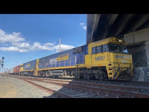 6MP4 Pacific National container train with NR87 and NR116 departing Gheringhap loop 28/2/2025