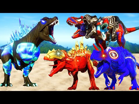 Godzilla Ice vs Super Hero Dinosaurs Team in Jurassic World Evolution