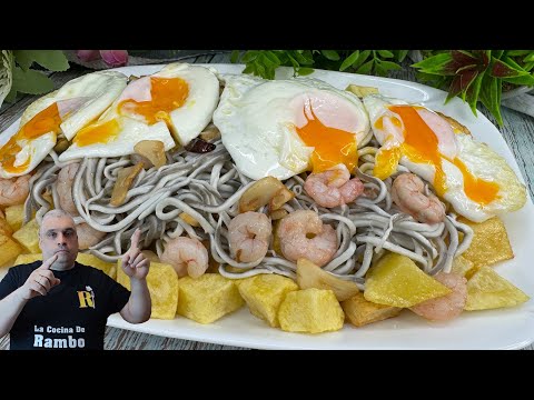 Receta de HUEVOS ROTOS con Gulas y Gambas Al ajillo y Patatas 🤩 Fácil y Rápido 😋💥