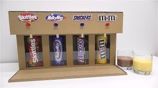 DIY dispenser with milk liquid chocolate Snickers M&M's Skittles Milky Way chocolate