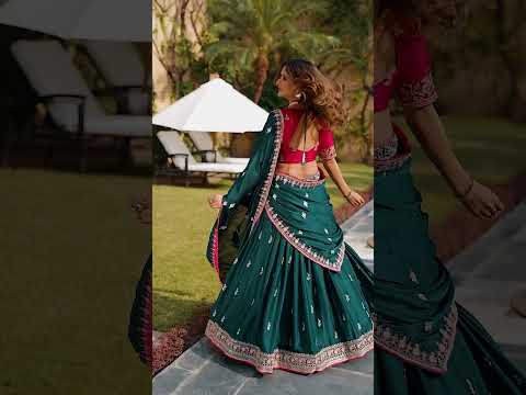 Green Silk Satin Embroidered Lehenga Choli Set