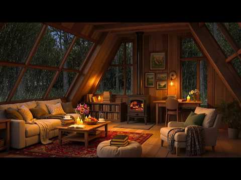 Cozy Attic Ambience - Soft Jazz Piano with Rain & Fireplace Sounds for Deep Relaxation