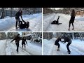 Two Girls Comparing 7 Pairs Of Shoes On Slippery Ice High Heels On Ice High Heels On Snow 1353