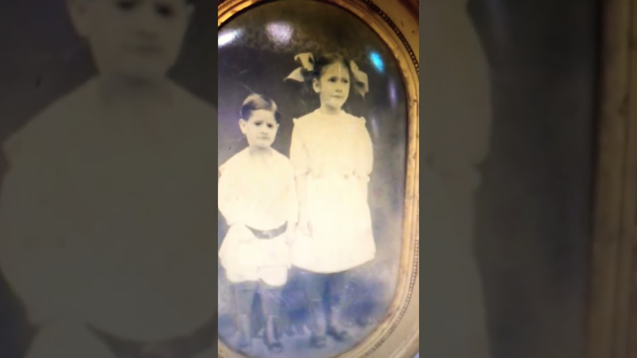 Lovely convex glass portrait of two children vintage kids photo