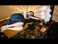 Solo Girl Hot Tent Camping In Heavy Rain Cozy Wood Stove Cooking Pure Rain ASMR