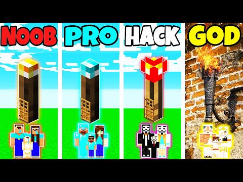 Minecraft: FAMILY TORCH HOUSE BUILD CHALLENGE - NOOB vs PRO vs HACKER vs GOD in Minecraft