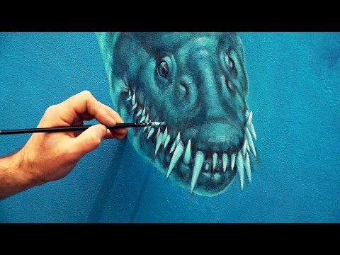 Enormous oil on canvas painting depicts prehistoric marine reptiles