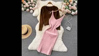Autumn and winter knit double-breasted sweater cardigan coat V-neck halter dress two-piece women